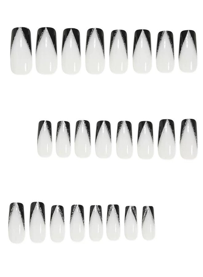 CTTHNBD Square Press on Nails Medium - Black French Tip Fake Nails with Glitter Design - Wihte False Nails， Glossy Stick on - for Women 24 Pcs - Image 2